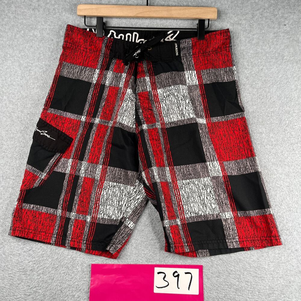 Maui & Sons Board Shorts Mens Size 32 Red Black Plaid Pocket Beach Surf